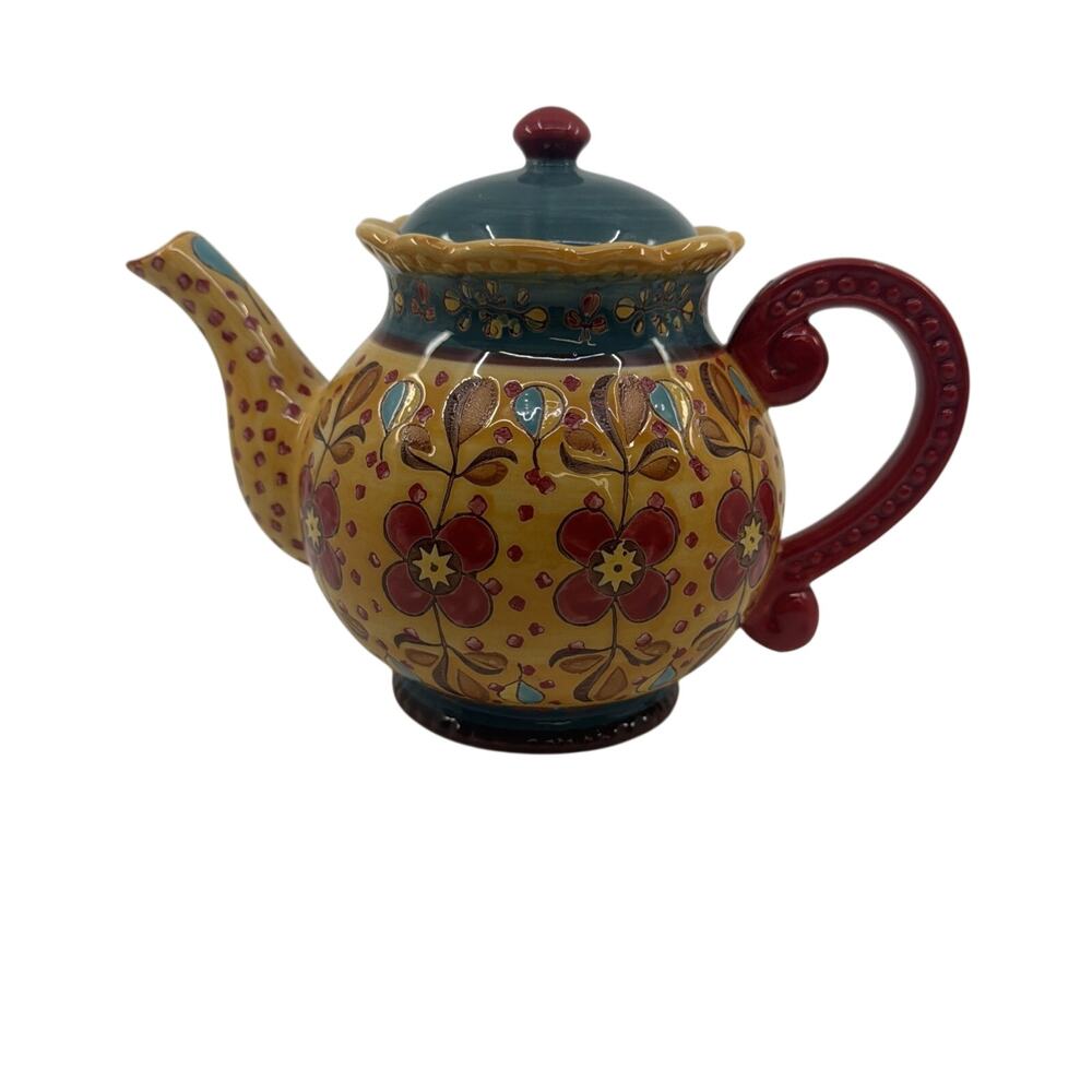 Dutch Wax By Coastline Imports Hand Painted Ceramic Floral Teapot 7 " Tall
